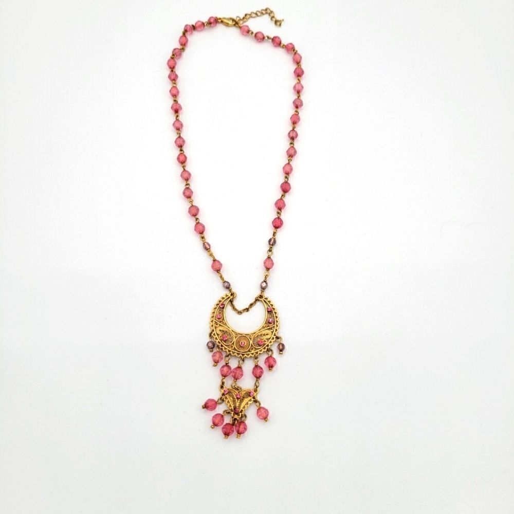 Half Moon and Pink Bead Accent Gold toned Necklace - Picture 2 of 5